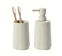 GAHEFY Lot de 2 accessoires de salle de bain - Distributeur de savon de 250 ml et gobelet à dents - Design moderne rainuré en plastique ABS - Pour lavabo et étagère de salle de bain - Beige