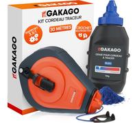 Gakago Cordeau Traceur Set 30 m avec Craie Bleue 150 g (Effaçable) - Boîtier Aluminium, Engrenage 3,5:1 & Roue Libre - Cordeau à Tracer de Chantier avec Crochet - Ligne Robuste, Tracés Précis