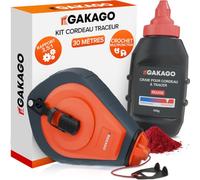 Gakago Cordeau Traceur Set 30 m avec Craie Rouge 150 g (Permanent) - Boîtier Aluminium, Engrenage 3,5:1 & Roue Libre - Cordeau à Tracer de Chantier avec Crochet - Ligne Robuste, Tracés Précis