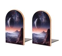 Galaxy Nature Planet Lot de 2 serre-livres modernes pour étagères, tendance, robuste, base en métal antidérapant, serre-livres en bois pour bibliothèque, maison, bureau
