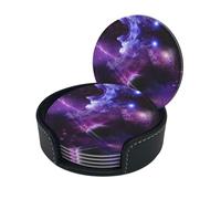 Galaxy Starry Space Lot de 6 dessous de verre ronds en cuir avec boîte de rangement Motif espace étoilé Violet