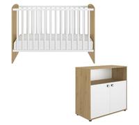 Lit bébé transformable - GALIPETTE - ARTHUR - Blanc et chêne blond - Sommier réglable - Barrières amovibles