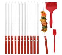 GALOZZOIT Lot de 12 brochettes plates pour schaschlik en acier inoxydable 40 cm × 10 mm avec manche en bois │ in rande et petite brosse à gril rouge │ Brochettes pour kebab, accessoires pour
