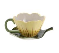 GALPADA Ensemble Tasse à Café en Céramique avec Soucoupe, 320 Ml | Peinte à Main, Forme Tulipe et Feuille, Jaune Festif, Usage Maison et Fête