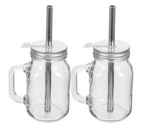 GALPADA Sets de Bouteilles en Verre Design à Fond Plat 650ml Lot de 2 avec Paille Réutilisable, Grosse Capacité pour Jus et Yaourt pour Boissons Fraîches