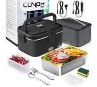 Gamelle Chauffante 1,8L 80W - HYKJSIDE - 12V 24V 220V Boîte à Lunch Electrique avec Sac Acier Inox Fourchette Cuillère - Noir