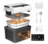 Gamelle Chauffante Batterie 1,5L Inox,18000mAh,Fonction de minuterie | Lunch Box Chauffante avec minuterie programmable, bac inox amovible & sac isotherme pour bureau et camion
