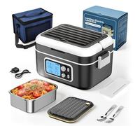 Gamelle Chauffante Batterie, 1,5L Intelligente Lunch Box Chauffante avec écran LCD, Boite Chauffante Repas à Chauffage Rapide avec Vaisselle en Acier Inoxydable et Sac Isotherme pour Voiture Bureau