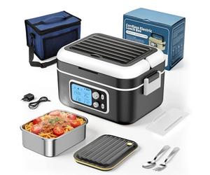 Gamelle Chauffante Batterie, 1,5L Intelligente Lunch Box Chauffante avec écran LCD, Boite Chauffante Repas à Chauffage Rapide avec Vaisselle en Acier Inoxydable et Sac Isotherme pour Voiture Bureau