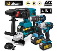 Gami 4 pièces ensemble d'outils sans brosse perceuse électrique 13mm hocs 2 en 1 + meuleuse d'angle électrique 125mm + perceuse à percussion électrique 1 Battery
