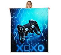 Gaming Couverture en Flanelle Kids Gamer Bleu Jeu Vidéo Couverture 150x200cm Console de Jeux Honeycomb Parure Couverture Sherpa Décor de Chambre Hexagone Géométrique,Doux et Moelleux