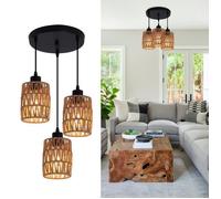 Ganeed 3 - lustre en rotin léger, lustre brun industriel, lustre en osier tressé réglable, plafonnier de style panier de ferme dans