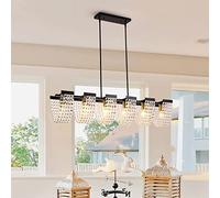 Ganeed Cristal Lustre Pendant Lumière Moderne Noir 6 Lumière | Salle À Manger Linéaire Lustre Cuisine Île Moderne Décor Plafond Éclairage Fer Forgé Luxe Suspendu Lustre E27