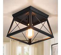 Ganeed Plafonnier Ferme Cage Métal Carré Noir 1 Lumière E27 | Rustique luminaire suspendu pour salle à manger chambre entrée cage métal carrée noir E27