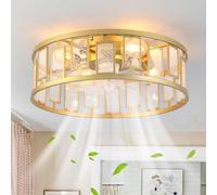 Ganeed Ventilateur Plafond Cage Cristal Or 6 Vitesses Télécommande | Plafonnier Design Fermier Moderne Montage Flush E27 Lustre 4 Ampoules pour Petit Espace Salon Chambre