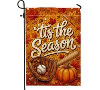 Gant de baseball sur le thème de la récolte d'automne Drapeau de jardin | Feuilles d'érable, drapeau de cour, citrouilles, baseball, thème sportif, décoration saisonnière