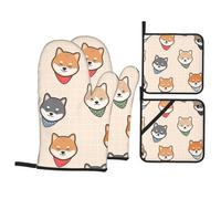 Gant Et Manique 4 Pièces Chiens Japonais Mignons Shiba Inu Coton Doublure Gants De Four Et Maniques Gants De Four, pour Griller, Grillades
