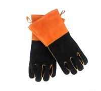 Gants de barbecue en cuir de vache résistant à la chaleur, pour le camping | Longue protection orange double couche avec boucles de suspension pour activités de plein air et haute température