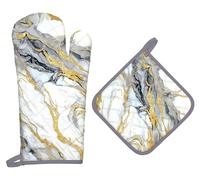 Gants de cuisine - Coton - Marbre or blanc - Set de 2 - Résistant à la chaleur jusqu'à 260 °C - Maniques pour la cuisson et le barbecue