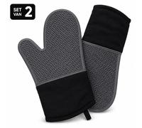Gants de cuisine Unyqoos® Benza, lot de 2, en silicone et en coton, avec surface antidérapante texturée en nid d'abeille, résistants à la chaleur jusqu'à 250°C (pendant 15 secondes), noirs/gris, 31,5