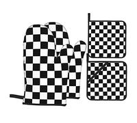 Gants de Four et maniques à Carreaux Noirs et Blancs Gants de Barbecue imperméables et durables pour la Cuisson, la Cuisson, Les grillades, Ensemble de 4 pièces