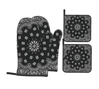 Gants De Four Et Maniques Bandana Noir Pai-Sley Art Très Épais Gants De Cuisine Résistants À La Chaleur Oven Gloves pour Grillage Barbecue Set of 4