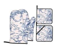 Gants De Four Et Maniques Motif Toile De Jouy Bleue De Style Campagnard Français Résistants À La Chaleur Kitchen Mitts Doux Gant De Cuisson pour Barbecue Grillage Set of 4