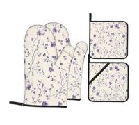Gants de Four Gants de Barbecue Épais Coton Doublure Molle Robuste | Boucle de Suspension Dégagement pouce Lavable En Machine Facile a Nettoyer Encre Fleur Violette