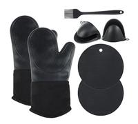Gants de Four,Maniques, Set de 6 Gants de Cuisine en Silicone, résistants à la Chaleur jusqu'à 230 °C - Parfaits pour Barbecue, pâtisserie et Four (Noire)