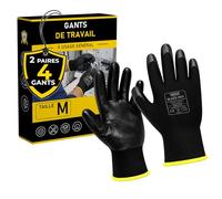 Gants de travail nitrile noirs - M 2 paires antidérapants respirants | Maille polyester 13G - Paume enduite - Sensibilité tactile - Poignet élastiqué - Anti-abrasion - ce