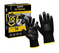 Gants de travail nitrile noirs - M 5 paires antidérapants respirants | Paume enduite qui accroche - Poignet élastiqué - Jardinage entrepôt déménagement - Lavables - Homme et femme