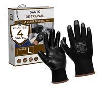 Gants de travail noirs en nitrile - taille L, 2 paires | Polyester 13 gauge · Dos aéré confortable · Résiste à l’abrasion · Poignet élastique sécurisé · Revers jaune visible · ce