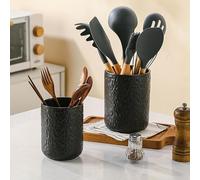 Ganwu Ensemble de rangement pour ustensiles de cuisine en céramique, texture roche, lot de 2, organisateur de comptoir pour couverts, cuillères de cuisine, support pour ustensiles de cuisine, noir