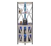 GAOMON Meuble bar d'angle avec prise de courant, armoire à vin industrielle avec bande LED et support en verre, armoire à liqueur à 4 niveaux pour la maison, vitrine d'angle pour petit espace, gris