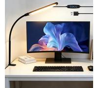 GAOUTO Lampe de bureau LED à intensité variable - 70 cm - Lampe de bureau à pince avec 3 couleurs, 10 niveaux de luminosité - Protection des yeux USB - Double tête - Lampe de bureau pour bureau à