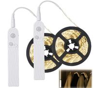 GAOUTO Lot de 2 bandes LED avec détecteur de mouvement, 2 m, fonctionne avec piles et USB, blanc chaud 3500 K, lumière d'armoire pour chambre à coucher