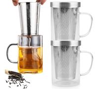 GAOUTO Lot de 2 tasses à thé avec passoire, 500 ml, verres à thé en acier inoxydable argenté, avec poignée et couvercle en acier inoxydable, grands verres à thé en verre borosilicate, tasses à thé