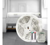 Gaoxun Ruban LED à piles 5m, 150 LEDs Flexible Bande LED Autocollante avec Télécommande, Dimmable, 8 Mode, Minuterie, Étanche, Découpable Lumineuse pour Armoire, Salon, Chambre, Blanc Froid 6000K