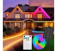 Gaoxun Solaire Ruban LED Exterieur, 10m Flexible Bande LED Exterieure Autocollante avec Télécommande, Dimmable, 19 Mode, 640 LED, IP68 Étanche, pour Jardin, Pavillon, Allée, Multicolore & Blanc Chaud