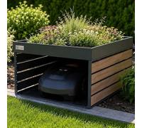 Garage pour robot de tonte automatique Stahlglut, avec protection contre les intempéries, en acier avec finition imitation bois de noyer, compatible avec de nombreux modèles, y compris les modèles RTK