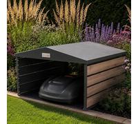 Garage pour robot de tonte automatique Stahlglut, avec protection contre les intempéries, en acier avec finition imitation bois de noyer, compatible avec de nombreux modèles, y compris les modèles RTK
