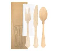 García de Pou 100 Unités - Set 4/1 Fourchette, Couteau, Cuillère, Serviette Classic 20 cm Naturel Bois