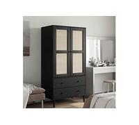 Garde-robe, Armoire avec 2 Tiroirs et 4 Compartiments, Placard avec Porte, Meuble de Rangement, Aspect Rotin Noir Bois Massif Pin