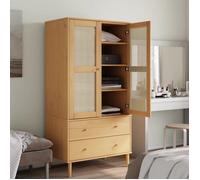 Garde-robe aspect rotin - vidaXL - Bois massif de pin - 90x55x175 cm - 2 tiroirs - 4 compartiments - Poignées en bois