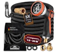 GARDEBRUK® Tuyau d’Arrosage Extensible 15 m Noir - Pistolet Multijets 8 Modes, Raccords Laiton Anti-Fuite, Flexible Latex Triple Épaisseur, Résistant 12 Bars, Enrouleur Léger pour Jardin & Terrasse