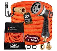 GARDEBRUK® Tuyau d’Arrosage Extensible 30 m Orange - Pistolet Multijets 8 Modes, Raccords Laiton Anti-Fuite, Flexible Latex Triple Épaisseur, Résistant 12 Bars, Enrouleur Léger pour Jardin & Terrasse