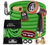 GARDEBRUK® Tuyau d'Arrosage Extensible 7,5 m Vert - Pistolet Multijets 8 Modes, Raccords Laiton Anti-Fuite, Flexible Latex Triple Épaisseur, Résistant 12 Bars, Enrouleur Léger pour Jardin & Terrasse