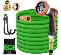 GARDEBRUK® Tuyau d’Arrosage Extensible 15 m Vert - Pistolet Multijets 8 Modes, Raccords Laiton Anti-Fuite, Flexible Latex Triple Épaisseur, Résistant 12 Bars, Enrouleur Léger pour Jardin & Terrasse