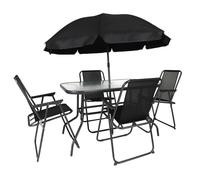 GARDEL - Salon de Jardin Noir Table Métal et Verre trempé et 4 Fauteuils en Toile
