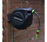 GARDEN MASTER Enrouleur automatique de tuyau mural | Facile à installer | Rembobinage automatique | Buse de pulvérisation | Noir et vert (15m)